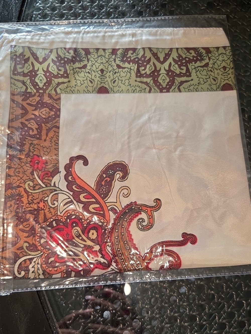 Paisley Print Satin Like Scarve in Cream and Multicolor Border 19 x 19